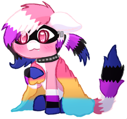 Size: 2005x1877 | Tagged: safe, artist:pasteldraws, imported from derpibooru, oc, oc only, hybrid, pony, raccoon, raccoon pony, blushing, collar, genderfluid, pansexual pride flag, pride, pride flag, pride month, pride pony, simple background, sitting, solo, spiked collar, transparent background