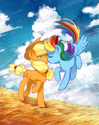 Size: 2362x2975 | Tagged: safe, artist:卯卯七, imported from derpibooru, applejack, rainbow dash, earth pony, pegasus, pony, anniversary, appledash, detailed background, duo, female, flying, grass, high res, kissing, lesbian, mare, shipping, signature, windswept mane, windswept tail