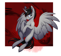 Size: 1515x1402 | Tagged: safe, artist:alrumoon_art, imported from derpibooru, oc, oc only, oc:crimson lance, alicorn, pony, alicorn oc, chest fluff, horn, partially open wings, solo, wings