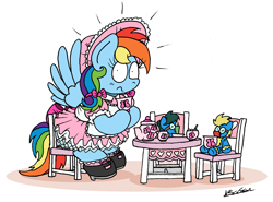 Size: 2194x1624 | Tagged: safe, artist:bobthedalek, imported from derpibooru, rainbow dash, pegasus, pony, atg 2021, bonnet, bow, caught, clothes, cup, doll, dress, explanation in the comments, female, i can explain, mare, newbie artist training grounds, pigtails, plushie, rainbow dash always dresses in style, shoes, sissy, socks, startled, tail bow, tea party, teacup, teapot, toy, wonderbolts