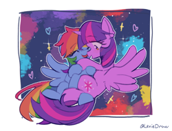 Size: 2195x1665 | Tagged: safe, artist:lexiedraw, imported from derpibooru, rainbow dash, twilight sparkle, alicorn, pegasus, pony, eyes closed, female, lesbian, open mouth, shipping, space, twidash, twilight sparkle (alicorn)