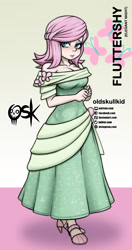 Size: 984x1859 | Tagged: safe, alternate version, artist:oldskullkid, imported from derpibooru, part of a set, fluttershy, human, equestria girls, blushing, breasts, busty fluttershy, cleavage, clothes, cute, dress, elegant, human coloration, humanized, lipstick, looking at you, shoes, shyabetes, solo