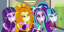 Size: 5068x2602 | Tagged: safe, artist:ktd1993, artist:skyfallfrost, imported from derpibooru, adagio dazzle, aria blaze, sonata dusk, twilight sparkle, equestria girls, alternate universe, evil grin, female, grin, high res, meme, smiling, the dazzlings, trollface