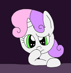 Size: 1089x1129 | Tagged: safe, artist:yorkyloves, imported from derpibooru, sweetie belle, pony, unicorn, colored, confused, dreamworks face, female, filly, flat colors, frown, furniture, no shading, room, solo, sweetie belle is not amused, table, that was fast, thinking, unamused