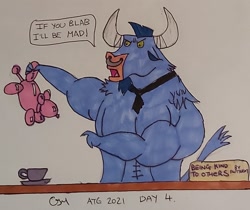 Size: 1719x1444 | Tagged: safe, artist:rapidsnap, imported from derpibooru, brian (balloon animal), iron will, minotaur, balloon, balloon animal, book, brian, cup, dialogue, male, muscles