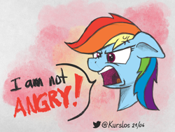 Size: 2000x1500 | Tagged: safe, artist:kurslos, imported from derpibooru, rainbow dash, pegasus, pony, angery, angry, atg 2021, blatant lies, cross-popping veins, emotions, female, mare, newbie artist training grounds, open mouth, solo, text, yelling