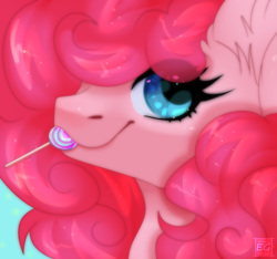 Size: 2304x2160 | Tagged: safe, artist:elektra-gertly, imported from derpibooru, pinkie pie, earth pony, pony, bust, candy, cute, diapinkes, ear fluff, female, food, high res, lollipop, mare, mouth hold, portrait, solo