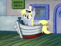 Size: 1415x1080 | Tagged: source needed, safe, editor:notxweeb, imported from derpibooru, derpy hooves, pegasus, pony, boat, door, krusty krab, meme, photo, sign, solo, spongebob squarepants, watermark, window