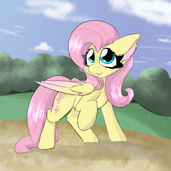 Size: 2000x2000 | Tagged: safe, artist:galacticguardian, artist:jubyskylines, imported from derpibooru, fluttershy, pegasus, pony, cute, ear fluff, eyelashes, female, folded wings, head turned, high res, looking at you, mare, outdoors, raised hoof, shyabetes, solo, standing, tongue out, turned head, two toned wings, wing fluff, wings