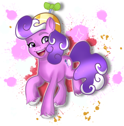 Size: 3611x3673 | Tagged: safe, artist:doraeartdreams-aspy, imported from derpibooru, screwball, earth pony, pony, abstract background, female, g4, g4 to g5, g5, hat, high res, mare, open mouth, paint, propeller hat, raised hoof, solo, unshorn fetlocks