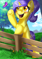 Size: 2508x3541 | Tagged: safe, artist:ali-selle, imported from derpibooru, oc, oc only, oc:tulipan, butterfly, unicorn, bipedal, cute, female, fence, high res, horn, mare, ocbetes, open mouth, tree, unicorn oc