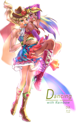 Size: 1431x2300 | Tagged: safe, artist:卯卯七, imported from derpibooru, applejack, rainbow dash, human, equestria girls, appledash, bare shoulders, clothes, cutie mark, cutie mark on clothes, dancing, dark skin, female, fingerless gloves, gloves, human coloration, humanized, legs, lesbian, realistic, shipping, sleeveless, strapless