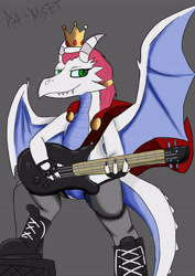 Size: 2480x3508 | Tagged: safe, artist:damset, imported from derpibooru, oc, oc only, oc:alika rex, dragon, bass guitar, clothes, crown, dragon oc, dragoness, female, high res, horns, jewelry, looking at you, mantle, musical instrument, regalia, request, simple background, socks, solo, stockings, thigh highs, wings