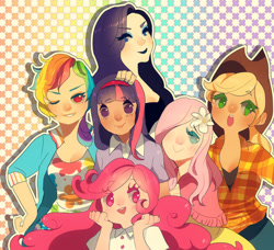 Size: 900x820 | Tagged: safe, artist:ame-nii, imported from derpibooru, applejack, fluttershy, pinkie pie, rainbow dash, rarity, twilight sparkle, human, cute, female, humanized, looking at you, mane six, no pupils, one eye closed, smiling, wink