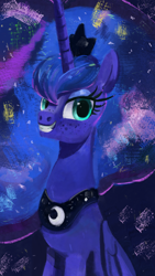 Size: 2160x3840 | Tagged: safe, artist:toisanemoif, imported from derpibooru, princess luna, alicorn, pony, abstract background, bust, ethereal mane, female, freckles, grin, high res, mare, portrait, smiling, solo