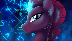 Size: 1920x1080 | Tagged: safe, artist:nivimonster, imported from derpibooru, tempest shadow, pony, broken horn, bust, electricity magic, horn, magic, magic circle, portrait, profile, solo