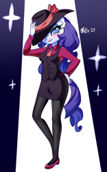 Size: 1000x1600 | Tagged: safe, artist:melliedraws, imported from derpibooru, rarity, anthro, unicorn, 30 minute art challenge, blushing, clothes, detective rarity, ear fluff, hat, hat tip, heart nostrils, high heels, miniskirt, pantyhose, shoes, skirt, solo