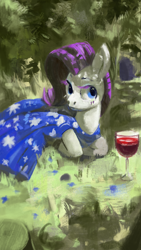 Size: 2160x3840 | Tagged: safe, artist:toisanemoif, imported from derpibooru, rarity, pony, unicorn, alcohol, clothes, dress, female, glass, grass, high res, lying down, mare, prone, shade, solo, tree, wine, wine glass