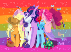 Size: 640x471 | Tagged: safe, artist:mlpmeadowsweet, imported from derpibooru, applejack, fluttershy, pinkie pie, rainbow dash, rarity, tank, twilight sparkle, alicorn, bird, earth pony, pegasus, pony, turtle, unicorn, asexual pride flag, bisexual pride flag, female, gay pride flag, hat, intersex pride flag, lesbian, lesbian pride flag, lgbt, mane six, nonbinary pride flag, omniship, pansexual pride flag, polyamory, polyamory pride flag, pride, pride flag, pride month, shipping, text, transgender pride flag, twilight sparkle (alicorn)