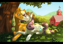 Size: 2048x1453 | Tagged: safe, artist:_ladybanshee_, imported from derpibooru, applejack, rarity, earth pony, pony, unicorn, accessory swap, applejack's hat, commission, commissioner:raritybro, cottagecore, couple, cowboy hat, cute, female, grass, hat, intertwined tails, lesbian, nature, nuzzles, nuzzling, orchard, outdoors, rarijack, romantic, shipping, sweet apple acres, tail, tree