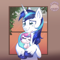 Size: 4000x4000 | Tagged: safe, artist:confetticakez, imported from derpibooru, princess flurry heart, shining armor, alicorn, pony, unicorn, absurd resolution, atg 2021, baby, baby pony, best dad ever, crying, cute, duo, ear fluff, equestria's best father, eyes closed, father and child, father and daughter, female, flurrybetes, hnnng, holding a pony, liquid pride, male, newbie artist training grounds, shining adorable, smiling, stallion, swaddling, tears of joy, weapons-grade cute, window