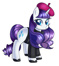 Size: 1211x1348 | Tagged: safe, artist:beanbunn, imported from derpibooru, rarity, pony, unicorn, beatnik rarity, beret, clothes, cute, eyelashes, eyeshadow, female, hat, makeup, mare, raribetes, shoes, simple background, smiling, solo, sweater, transparent background