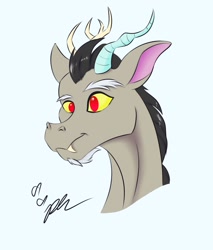 Size: 1021x1200 | Tagged: safe, artist:diamond06mlp, imported from derpibooru, discord, draconequus, antlers, blue background, bust, eyebrows, male, outline, red eyes, signature, simple background, smiling, solo