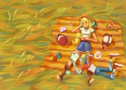 Size: 2779x1999 | Tagged: safe, artist:卯卯七, imported from derpibooru, applejack, rainbow dash, equestria girls, apple juice, appledash, backpack, boots, cake, cellphone, clothes, earbuds, female, food, grass, high res, journal, juice, juice box, lesbian, lying down, notebook, phone, picnic, pie, plate, reading, relaxing, shipping, shoes, smartphone, sneakers, the pose