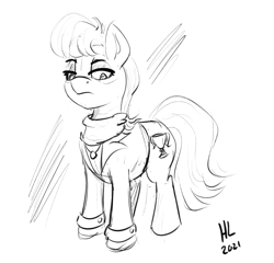 Size: 1103x1061 | Tagged: safe, artist:huffylime, imported from derpibooru, ms. harshwhinny, earth pony, pony, atg 2021, clothes, eye wrinkles, female, frown, lineart, mare, monochrome, newbie artist training grounds, signature, simple background, solo, white background