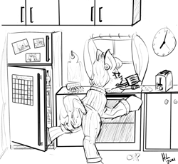 Size: 1500x1380 | Tagged: safe, artist:huffylime, imported from derpibooru, ms. harshwhinny, earth pony, pony, atg 2021, bipedal, clock, clothes, cooking, female, housewife, indoors, kitchen, lineart, mare, monochrome, mouth hold, newbie artist training grounds, refrigerator, signature, simple background, solo, spatula, toaster, white background