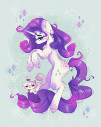 Size: 2400x3000 | Tagged: safe, artist:adishu, imported from derpibooru, opalescence, rarity, cat, pony, unicorn, abstract background, arm fluff, cheek fluff, chest fluff, diamond, duo, duo female, ear fluff, elbow fluff, eyelashes, eyeshadow, female, high res, hoof fluff, jewelry, long tail, makeup, mare, raised hoof, sparkles, unshorn fetlocks