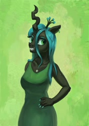 Size: 2480x3508 | Tagged: safe, artist:toisanemoif, imported from derpibooru, queen chrysalis, anthro, changeling, changeling queen, breasts, clothes, crown, dress, ear piercing, earring, female, green background, green dress, grin, hand on hip, high res, jewelry, necklace, painted nails, piercing, regalia, simple background, smiling, solo
