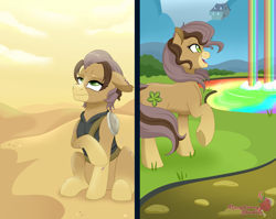 Size: 4849x3864 | Tagged: safe, alternate version, artist:raspberrystudios, imported from derpibooru, oc, oc only, oc:wild chains, earth pony, pony, fallout equestria, fallout equestria: project horizons, rainbow falls, alternate universe, armor, cutie mark, desert, earth pony oc, fallout, fanfic art, female, grass, hooves, mare, mountain, multicolored hair, open mouth, sad