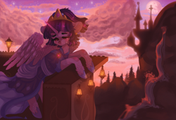 Size: 3000x2040 | Tagged: safe, artist:adishu, imported from derpibooru, twilight sparkle, alicorn, pony, the last problem, alternate hairstyle, balcony, canterlot, clothes, cloud, coronation, coronation dress, crown, crying, dress, ear piercing, female, floppy ears, high res, jewelry, light, mare, piercing, regalia, second coronation dress, sky, solo, spread wings, stars, tree, twilight sparkle (alicorn), waterfall, wings