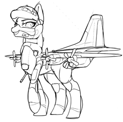 Size: 588x584 | Tagged: safe, artist:andromailus, oc, oc only, original species, plane pony, pony, ac-130, female, lidded eyes, looking at you, plane, raised hoof, sketch, smiling, solo, wip