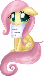 Size: 1111x1886 | Tagged: safe, artist:pridark, imported from derpibooru, fluttershy, pegasus, pony, bronybait, cute, female, hug request, mare, paper, shyabetes, simple background, sitting, solo, white background