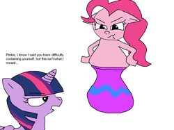 Size: 2000x1497 | Tagged: safe, artist:blazewing, imported from derpibooru, pinkie pie, twilight sparkle, alicorn, earth pony, angry, belly, drawpile, eyebrows, eyebrows visible through hair, hooves on hips, newbie artist training grounds, puffy cheeks, simple background, stuck, text, too fat to fit, unamused, vase, white background