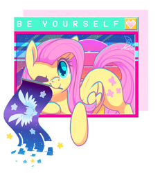 Size: 1111x1200 | Tagged: safe, artist:musicfirewind, edit, editor:anonymous, editor:edits of hate, imported from twibooru, fluttershy, pegasus, pony, /mlp/, female, flag, image, mare, mouth hold, one eye closed, pegasus flag, png, smiling, stars, text, unofficial edits thread, vaporwave