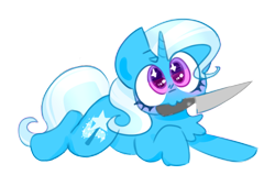 Size: 988x627 | Tagged: safe, artist:cutecandycane, edit, editor:anonymous, editor:edits of hate, imported from twibooru, trixie, pony, unicorn, /mlp/, female, image, knife, lying down, mare, owo, png, prone, simple background, solo, transparent background, unofficial edits thread