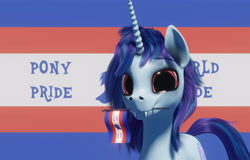 Size: 3373x2160 | Tagged: safe, alternate version, artist:etherium-apex, imported from ponybooru, oc, oc only, oc:sapphire soulfire, pony, undead, unicorn, vampire, 3d, blender, blender eevee, blue coat, blue mane, cutie mark, fangs, female, flag, looking at you, ponysexuality flag, red eyes, solo