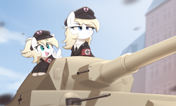 Size: 1926x1166 | Tagged: safe, artist:shinodage, imported from ponybooru, imported from twibooru, oc, oc only, oc:aryanne, oc:luftkrieg, earth pony, pegasus, pony, female, filly, image, mare, mother and child, mother and daughter, nazi, panzer iv, png, swastika, tank (vehicle)