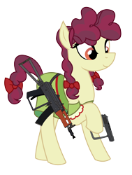 Size: 1864x2464 | Tagged: safe, alternate version, artist:three uncle, imported from derpibooru, hilly hooffield, earth pony, pony, the hooffields and mccolts, aks-74u, background pony, bow, clothes, female, gun, hair bow, hooffield family, mare, pigtails, pose, simple background, solo, vector, weapon