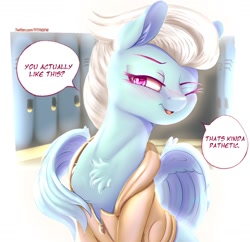 Size: 1342x1300 | Tagged: safe, artist:to_fat_to_fly, fleetfoot, pegasus, pony, blushing, chest fluff, clothes, dialogue, female, hoodie, lidded eyes, locker room, mare, one eye closed, open mouth, solo, wing hands, wings