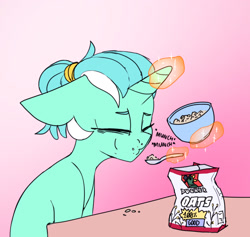 Size: 1717x1630 | Tagged: safe, artist:tallaferroxiv, lyra heartstrings, pony, unicorn, alternate hairstyle, bowl, cereal, eating, eyes closed, female, floppy ears, food, horn, magic, mare, newbie artist training grounds, oats, sitting, solo, spoon, telekinesis