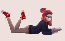 Size: 2048x1311 | Tagged: safe, artist:ghoasthead, imported from derpibooru, moondancer, human, book, clothes, converse, female, glasses, humanized, khaki, reading, shoes, simple background, sneakers, solo, sweater, the pose, turtleneck