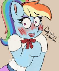 Size: 3000x3600 | Tagged: safe, artist:demitri, imported from derpibooru, rainbow dash, pegasus, semi-anthro, alternate hairstyle, blushing, blushing profusely, clothes, eyeshadow, grin, high res, makeup, nervous, nervous grin, newbie artist training grounds, ponytail, school uniform, smiling, solo
