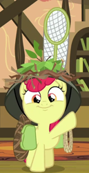 Size: 316x613 | Tagged: safe, imported from derpibooru, screencap, apple bloom, earth pony, pony, going to seed, season 9, adorabloom, bag, bags, butterfly net, cropped, cute, female, filly, helmet, looking at you, net, rope, saddle bag, smiling, solo