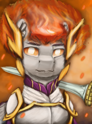 Size: 724x974 | Tagged: safe, artist:tekggd, imported from derpibooru, commander hurricane, pegasus, pony, equestria at war mod, armor, bust, clothes, fire, portrait, solar empire, solo