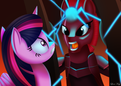 Size: 3500x2500 | Tagged: safe, artist:leonkay, imported from derpibooru, tempest shadow, twilight sparkle, alicorn, pony, my little pony: the movie, cage, high res, horn, magic, open mouth, open up your eyes, scene interpretation, sparking horn, twilight sparkle (alicorn)