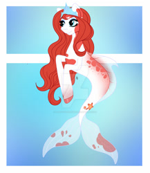 Size: 1280x1474 | Tagged: safe, artist:ashestoashkar, imported from derpibooru, oc, oc only, merpony, seapony (g4), colored pupils, commission, crown, deviantart watermark, dorsal fin, female, fins, fish tail, jewelry, obtrusive watermark, red mane, regalia, simple background, smiling, solo, tail, watermark